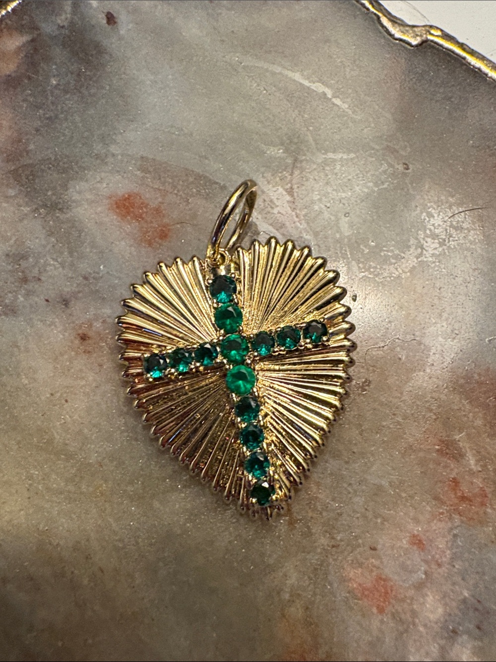Gold Heart Pendant Necklace with Emerald Green Cross Accent